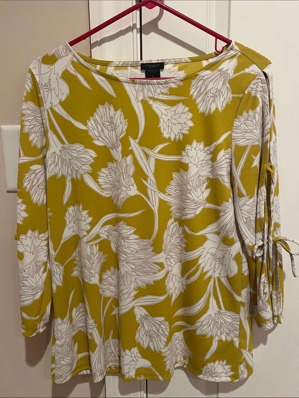 Ann Taylor Mustard and White Floral Tie-Sleeve Boatneck Top